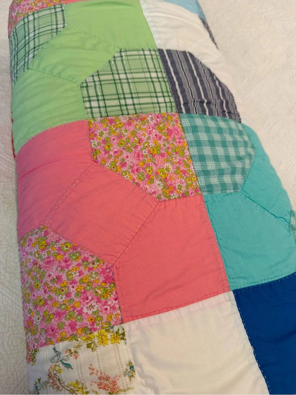Vintage large hand stitched colorful bright quilt 83”x71” cottage core farmhouse